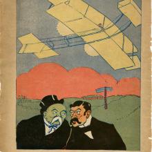 Two formally dressed men speak to each other in the foreground while a biplane flies above. In the background are signs pointing towards France and Germany. 