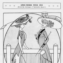 Two women stand facing each other. Both are fashionably dressed in long dresses and large hats. The hat on the right resembles a Wright-type biplane.