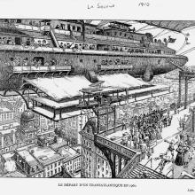 A large airship docks at a rooftop departure platform; passengers wave at a small crowd; rooftops of a large city are visible below and in background. 