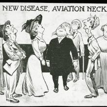 Seven people crane their necks toward the sky, their heads presumably looking up at a passing airplane.