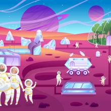 A family in spacesuits stands in the foreground of an alien planet, with rovers and biomes on it. Planets appear in the background. 