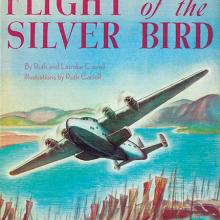 Red letters read "Flight of the Silver Bird" above a picture of a silver airplane flying above the ocean with Hawaii in the background.