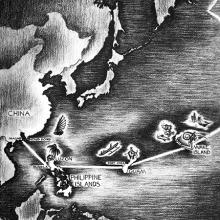 Black and white hand drawn map of flight path past Hawaii to Eastern Asia and western Pacific islands.