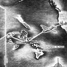 Black and white hand drawn map of flight path to Hawaii.