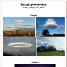 A sheet that shows natural phenomena. Four images are of oddly shaped oblong clouds, one image is of lightning that appears in an oval. 