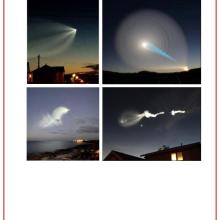 Four images of rocket launches. Two show a bright dot with a streak behind it. One shows a swirling cloud. The final image shows a bright dot and two clouds like dashes trailing it horizontally. 