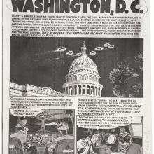 Black and white comic strip depicting UFOs flying over the White House.