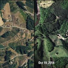 Side by side overhead photos. On the right there is a beige polygon of fields that was green on the photo on the left. 