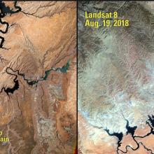 Two photos showing overhead satellite images of Lake Powell. The left image shows it stretching out further with wider tributaries than the photo on the left. 