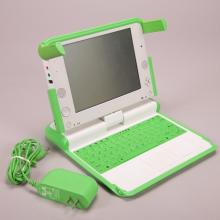 A small green and white laptop.