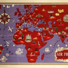 A map of the world in purple and red depicts route maps with white lines and dots. Small drawings throughout represent destinations. An elaborate compass is at upper left; partial text at lower right, "AIR FRANCE" in white serif text and "RÉSEAU AÉRIEN MONDIAL" in gold and black serif text are enclosed within a decorative rectangle. A gold border surrounds the entire poster illustration.