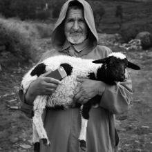 A person holds a small sheep and a cellphone. They look to be in a desert-like climate.