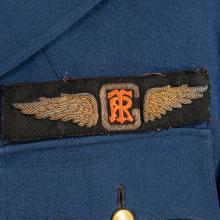 A black patch embroidered with gold wings which have the letter R and T on top of each other at the center.