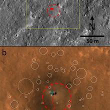 Two images stacked on top of each other. The top image is a grey topographical picture showing a red circle on a smooth patch in the center. The bottom picture is a red image with a circle around what appears to be a rover landed on Mars. 