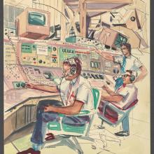 A watercolor painting depicting three people at a control board all carrying out different activities.