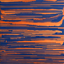 A painting with orange and blue horizontal brush strokes