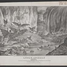 An illustration of winged human-like creatures flying through a valley with a river flowing through it.