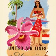 A luggage tag with an illustration of a Hawaiian woman standing on a beach and a flower. The text reads "United Air Lines to Hawaii"