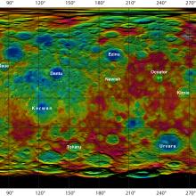 A topographic map showing the various elevations on Ceres, a dwarf planet. High points are in white whereas low points are in blue.