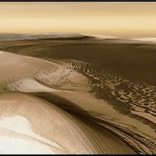 A simulated image of Mars' surface featuring dunes and a large flat valley.