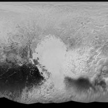 An image of the surface of a dwarf planet in flattened into a map format.