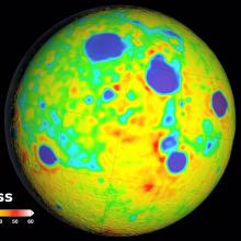 A map of the moon showing the thickness of its crust is various places. Most of the surface ranges from 25-40 kilometers with several patches that are between 0-20 kilometers thick.