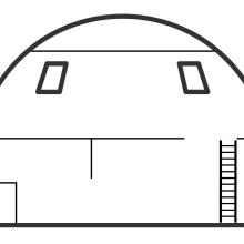 A line outline of a circular living space. There are two floors connected by a ladder.