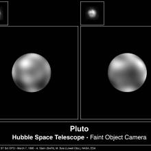 Two views of Pluto, which are grainy and fuzzy.