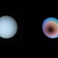 Two pictures of Uranus. The one on the left is solid blue and the one of the right has a gradient of colors from blue and moving into red by the center of the planet.