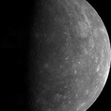 An image of a three-fourths view of Mercury. 