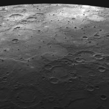 An image of the many lava flooded craters on Mercury's surface.