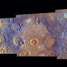 Five rectangular images of the surface of Mercury next to each other, each showing the surface with different hues of purple, orange, yellow, and brown.