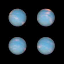 Four images of Neptune each with slightly different cloud patterns.