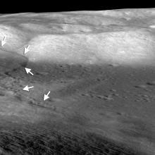 A ground level view of a scarp on the surface of the Moon. 