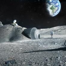 An artist's rendering of a lunar base, showing a humanoid figure walking toward a mound with a door on the outside. 