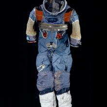 A heavily modified A7-L pressure suit originally made for and worn by astronaut Walter Cunningham for Apollo 7. (Smithsonian Institution)