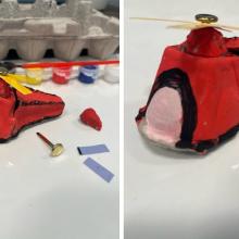 A composite of two images. The left image shows a model helicopter made out of an egg carton painted red, in the background is an egg carton and paint. On the right is a model helicopter made out of an egg carton. 