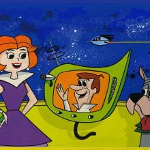 A drawing showing a futuristic family on a video call on floating TV screen.