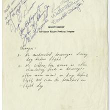 Typed page of information with signatures of astronauts in upper left hand corner