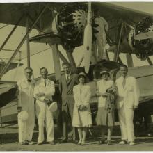 Photo of Charles and Anne Lindbergh with Betty and Juan Trippe and Pan American Airways personnel by a PAA S-38 amphibian.