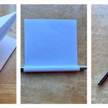 A composite of three images. The furthest left shows a folded piece of paper, the middle shows paper partially rolled around a small cylindrical rod, the final shows the paper completely rolled around a small cylindrical rod.