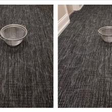 Two images showing a paper rocket at various distances from a colander on the floor.