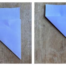 A composite image. On the left is paper folded into a triangle. On the right is paper folded into a triangle with the tip snipped off.