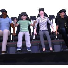 A computer generated image of four people of different ages sitting on a bench wearing VR headsets.