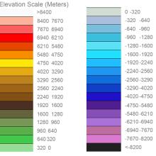 A graphic with two columns next to each other. The column on the left has the numbers ranging from 0 to 8400 on it, from the bottom up. The colors change from green at the bottom to red at the top (highest elevation). The right column is set up similarly, this time with numbers ranging from -8200 to 0, with black at the bottom and white at the top.