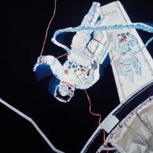 A painting of an astronaut in space working on a space station.