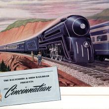 Artwork featuring two trains with text that reads "The Baltimore and Ohio Railroad Present: The Cincinnatian"