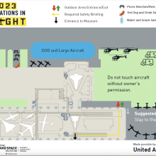 Map for the Innovations in Flight event that indicates where the aircraft will be and how to get around the museum 