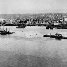 An aerial photograph of a harbor.