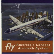 Cover of a brochure for North American Airlines. Top drawing is of a left-facing aircraft over a city and the bottom drawing is of a right-facing aircraft against the sky.